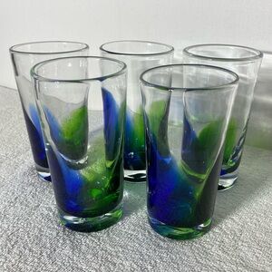 Vintage Handblown Glass Tumblers With Blue and Green Splash Design x5